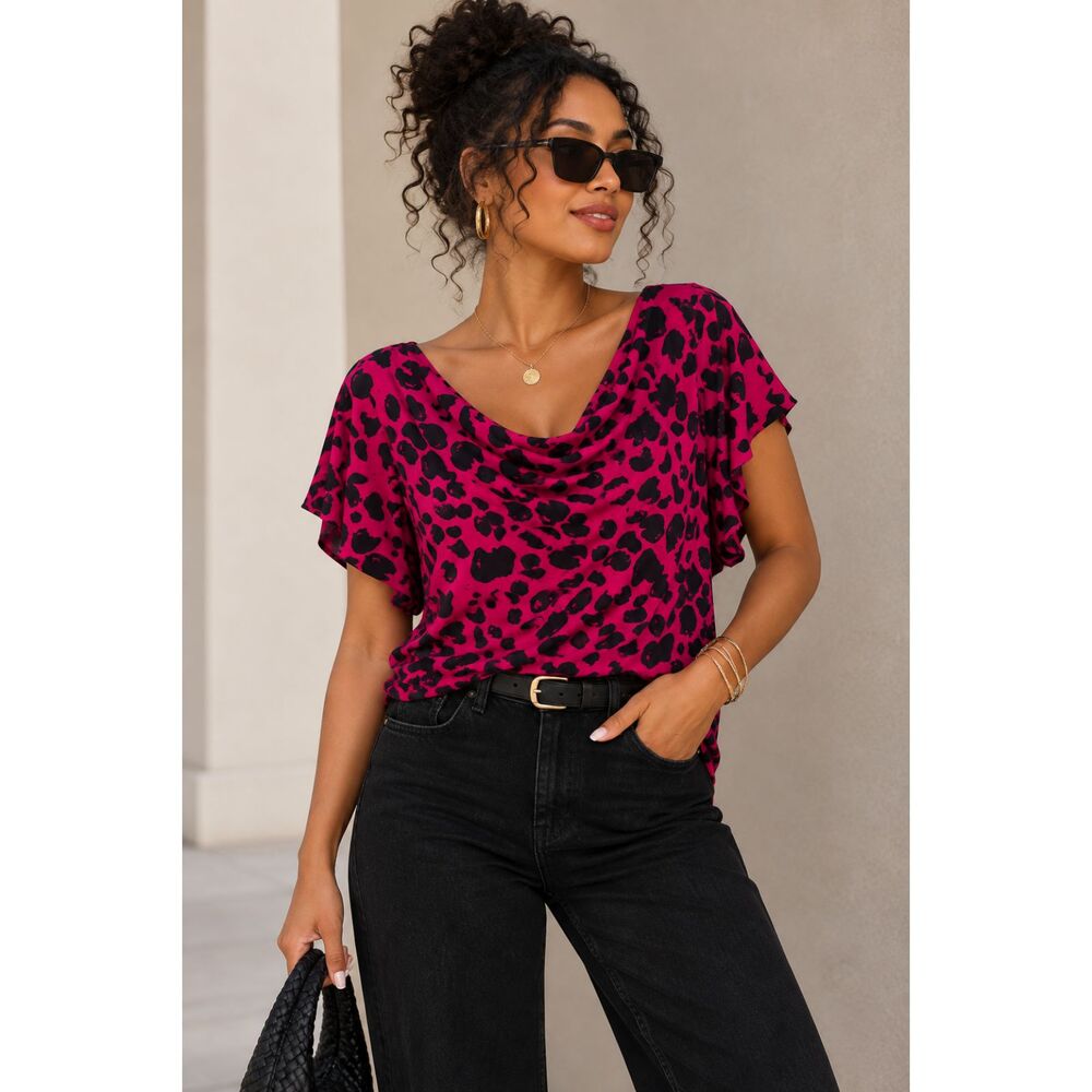 Michael Kors Petite Large Pink Black Leopard Print Cowl Neck Blouse NWT